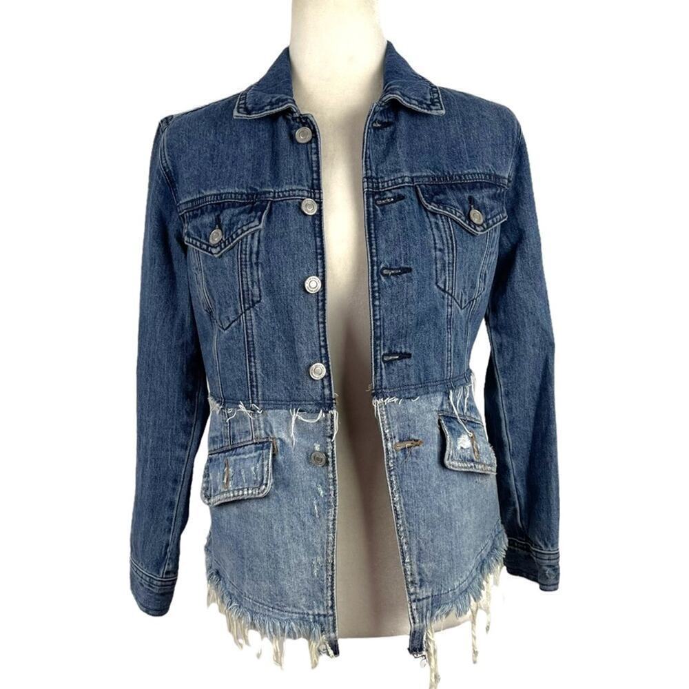LUCKY BRAND Remade Distressed Denim Waisted Trucker Jacket Raw Frayed Hem XS - Picture 2 of 15